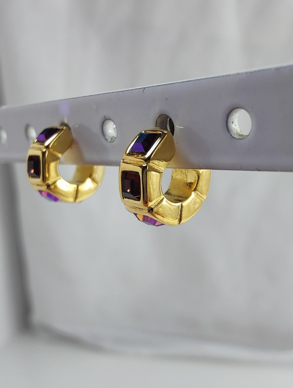 Tiny Gold Tone Huggie Hoop Earrings Iridescent Crystal Rhinestones Rainbow AB